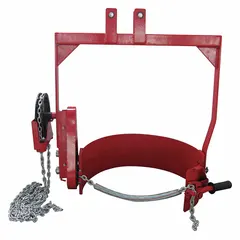 This drum lifting hook is designed for handling 55-gallon drums. It features a pull chain tilt mechanism for controlled dispensing and a steel body. With an 800 lb weight capacity, it is suitable for lifting, rotating, and dispensing bulk materials in industrial environments.