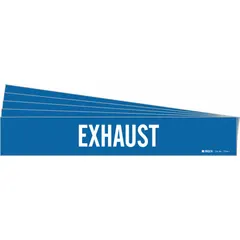 Blue adhesive pipe marker with white 'Exhaust' legend, designed for identifying exhaust piping systems. Fits pipe outer diameters from 2-1/2 to 7-7/8 inches. Pack of 5 markers without arrows. Suitable for industrial facility pipe marking.