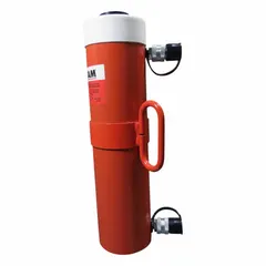 Double-acting hydraulic ram with 55 ton nominal capacity and 13 in nominal stroke length. Suitable for lifting, pressing, and positioning heavy loads in industrial maintenance, manufacturing, and construction applications.