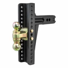 This adjustable ball mount from CURT is constructed from steel with a powder-coated finish and features a carbide powder coat for rust resistance. It accommodates 2 in and 2 5/16 in ball diameters with a 2 1/2 in shank, and includes pins and clips. Suitable for connecting a trailer to a tow vehicle in towing applications.