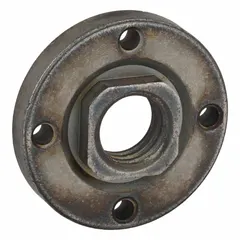Flange nut for retaining diamond blades on angle grinders. Designed for use with 4-1/2 in and 5 in sanders and grinders. Ensures secure blade attachment during cutting and grinding operations.