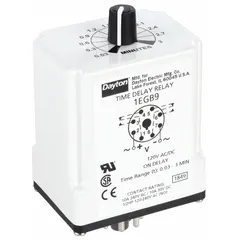 Socket-mounted single function time delay relay rated 10 A at 120V AC/DC. Features 8 pins/terminals for industrial control panel integration. Used for delaying activation or deactivation of equipment in HVAC, conveyor systems, and process automation.