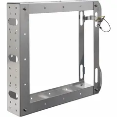 Outrigger pad holder designed to store and secure outrigger pads on aerial lift trucks and cranes. Facilitates organized pad storage and quick access during setup. Suitable for use with various outrigger pad sizes.