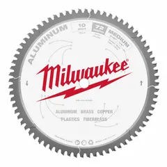 This 10-inch circular saw blade features 72 carbide teeth for cutting aluminum and soft metals. With a 0.11-inch cut width and 5/8-inch arbor, it is suited for metal fabrication, construction, and manufacturing tasks requiring clean cuts in non-ferrous materials.