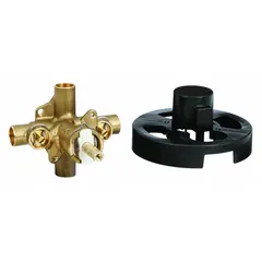 This control valve features PEX connections with 1/4 turn stops and a four-port configuration. It is designed for use in bathtub and shower plumbing systems to regulate water flow and temperature. Compatible with trim products for complete installation.
