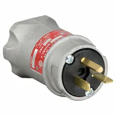 Hazardous-location straight blade plug with 6-20P configuration, rated 250V AC and 20 A, featuring 3 poles and 3 blades. Suitable for use in environments requiring explosion-proof electrical connections, such as industrial facilities with flammable gases or dust.
