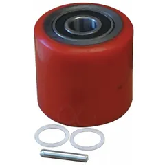 This red load wheel kit is a replacement part for pallet jacks. It is used to replace worn or damaged load wheels, restoring smooth movement and load support in material handling equipment.