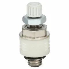 Brass exhaust flow control valve with thumbwheel adjustment for precise regulation of exhaust port flow in pneumatic systems. Features M5 x 0.8 Male UNF connection and maximum pressure rating of 145 psi. Suitable for applications requiring controlled cylinder speed and smooth operation.