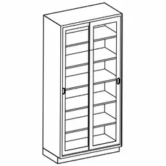 Wall-mounted tall cabinet with glass and stainless steel construction. Overall dimensions: 7 ft height, 35 in width, 18 in depth. No drawers. Suitable for storage in commercial kitchens, laboratories, and healthcare settings where visibility and corrosion resistance are required.