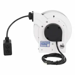Self-retracting cord reel with ratchet lock mechanism. Cord length 35 ft, 12 AWG, SJOW jacket, white. Feeder cord and retractable cord both terminate in NEMA 5-20P. Suitable for organizing power cords in workshops, factories, and maintenance areas.