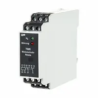 DIN-rail mounted relay from the TMR-E12 series with dual-channel over-temperature monitoring function. Rated for 230V AC with a 1 mA current rating and DPST contact configuration. Suitable for temperature protection in industrial control panels, HVAC systems, and motor circuits