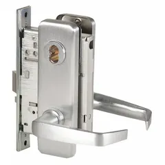 This BEST office lever lockset features a satin chromium-plated stainless steel finish and is ADA compliant for accessible lever operation. It includes an interchangeable core and a 40H escutcheon with F04 function, allowing key-retracted locking from the outside and free egress from the inside. Suitable for interior commercial doors in settings such as offices, schools, and healthcare facilities.