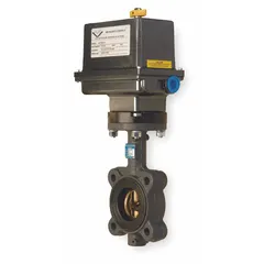 This cast iron general-service electric butterfly valve features a bronze disc and lug-style connection for 8-inch pipe. It operates on 115V AC with a 4-20 mA input control signal, suitable for on-off or modulating control of gas, oil, or water media in industrial piping systems.