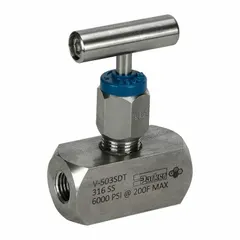 316 stainless steel straight-body needle valve with 1/4 in pipe size and FNPT x FNPT female connections on both sides. Designed for precise flow regulation and leak-tight shut-off in hydraulic, pneumatic, and process control systems. Manufactured to ASTM A 105 standards.