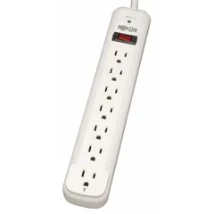 General purpose surge protector with 7 outlets, 25 ft cord, 1080 J surge energy rating, and 15 A current. Complies with UL 1363. Keyhole mounting allows secure wall attachment. Suitable for powering and protecting electronics in offices, workshops, and similar settings.