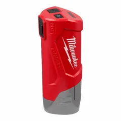 This 12V DC power supply and charger is designed for use with M12 cordless tool batteries. It features a single port for powering or charging compatible devices. Suitable for job sites or workshops where portable DC power is required.
