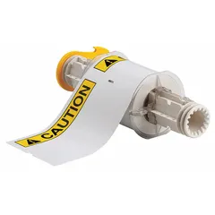 Vinyl, white precut label roll with CAUTION header, measuring 4 in x 6 in and 6 in x 4 in. Features acrylic adhesive and 95 labels per roll. Compatible with BBP85 printer series. Used for safety identification on equipment, pipes, and areas requiring caution warnings.