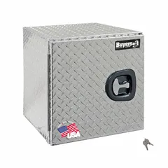 Single barn-door storage box designed for underbody mounting on trucks. Features a keyed lock for security and a silver finish. Overall depth of 24 inches provides space for tools and equipment.