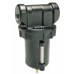 Particulate filter for compressed air systems. 1 in NPT connection, 5 micron filtration rating, 300 cfm flow capacity, maximum operating pressure 175 psi. Removes solid contaminants to protect pneumatic components.