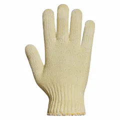 Uncoated knit gloves in size XS (6) with yellow knit material. Rated ANSI Abrasion Level 2 for light-duty hand protection. Suitable for general handling, assembly, and inspection tasks requiring basic abrasion resistance. Sold as 1 pair.
