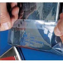 Transparent anti-static conductive adhesive film tape for low-voltage electrical applications. Provides shielding and grounding in electronics assembly and repair. 3/4 in width, 36 yd length, 2.2 mil thickness, rated for 20 V.