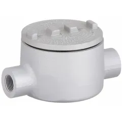 C round body straight-type conduit outlet body for use with threaded IMC. Iron construction with triple coat epoxy coating. Includes grounding screw and cover. UL Listed for hazardous locations: Class I, Division 1 and 2, Groups B, C, D; Class II, Division 1 and 2, Groups E, F, G; and Class III.