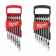 This 8-piece set includes SAE and metric 12-point ratcheting combination wrenches made of alloy steel with a chrome finish. The wrenches feature a standard length and come organized in a storage tray. Suitable for tightening and loosening fasteners in mechanical assembly and maintenance tasks.