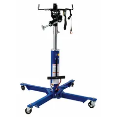 This air-powered transmission jack has a 0.5 ton load capacity and a steel frame. It uses a manual handle for lifting and an adjustable nylon strap to secure the load. Typical applications include removing and installing vehicle transmissions in automotive repair and industrial maintenance settings.