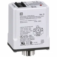 Socket-mounted time delay relay with plug-in mounting and 11 terminals. Operates on 24V AC input voltage with a One Shot (Falling Edge) delay function. Contact rating is 10 A at 120/240V AC. Used in industrial control panels for automation, conveyor systems, and process control requiring a single output pulse after input signal drops.