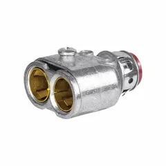 Non-insulated straight duplex box connector for 3/8 in trade size AC cable. Die-cast zinc construction with push-in, snap-in design and nylon anti-short bushing. cULus Listed. Used to secure and terminate cable into a junction box.