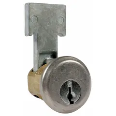 Vertical deadbolt lock for cabinets and drawers. Constructed of zinc die-cast with a chrome-plated silver finish. Body height 1 5/8 in, width 7/8 in. Keyed alike for convenience. Suitable for securing storage units, tool chests, and office furniture.