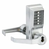 Mechanical push button lockset in chrome finish. Provides keyless entry with key override via LFIC Schlage core (core not included). Suitable for interior doors requiring ADA-compliant access control without batteries or wiring