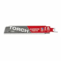 Carbide reciprocating saw blade with 8 teeth per inch, 6-inch length, and 0.05-inch thickness. Rigid design supports straight cuts in thick metal. Suitable for demolition, fabrication, and maintenance tasks.