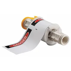 White vinyl precut labels with DANGER header, acrylic adhesive. Includes 95 labels in two sizes: 4 in x 6 in and 6 in x 4 in. Compatible with BBP85 printer series. Used for hazard identification on equipment, pipes, or areas.