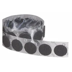 Pre-cut hook disc with acrylic adhesive backing, made of nylon. 3/4 in diameter. Suitable for temporary mounting, cable management, or panel attachment in industrial settings.