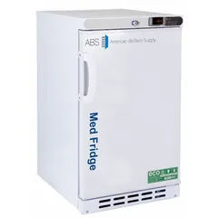 This undercounter lab refrigerator provides a 2.5 cu ft storage capacity with a temperature range of 2°C to 7°C, suitable for storing pharmacy and vaccine products. It features a swing solid door with right opening, a temperature alarm, and uses R-600a refrigerant. Overall depth is 22 3/4 inches.