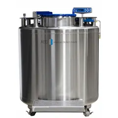 This cryogenic storage system is constructed of stainless steel with a 45 in overall diameter. It includes an LN2 measuring rod for monitoring liquid nitrogen levels. Used for long-term preservation of biological samples at cryogenic temperatures in laboratory and biobank settings.