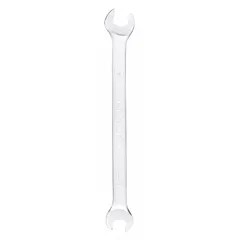 This metric double-end open end wrench is made of alloy steel with a satin finish. It features 8 mm and 9 mm head sizes and an overall length of 5-1/2 inches. Designed for general industrial maintenance and assembly tasks, it is used for tightening or loosening nuts and bolts on small fasteners.