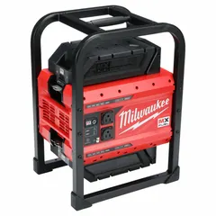 This power station delivers 1,800 W continuous and 3,600 W surge power through two AC receptacles. It includes two MXFXC406 battery packs and features wireless charging for compatible devices. Suitable for powering tools and equipment at job sites or locations without grid power.