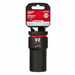 This 3/4" drive impact socket is designed for heavy-duty fastening tasks. It features a 24 mm metric, 6-point, deep configuration with a friction retention system. Suitable for use with impact tools in automotive and industrial applications.