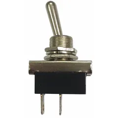 This SPST toggle switch offers Off/On function with a silver actuator and black stem. It features two 1/4 in male terminals for panel-mount installations. Designed for high-current switching, it is commonly used in automotive, marine, and off-road applications for battery disconnects, auxiliary lighting, or winch controls.