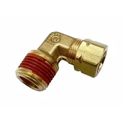 Brass compression fitting adapter with self-aligning design, connecting 1/2 in OD tubing to 3/8 in male NPT threads. Suitable for joining tubing to threaded ports in fluid systems requiring a leak-resistant seal.