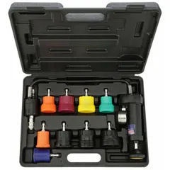 Radiator cap pressure tester for most vehicle radiators. Tests radiator cap relief pressure and seal condition to help diagnose cooling system issues. Includes molded case. Universal fit for most vehicle makes, models, and model years.