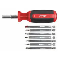 This multi-bit screwdriver features 9 tips including Hex, Phillips, Slotted, and Square types, with a magnetic tip for secure screw holding. The 9-inch overall length provides reach and leverage for general fastening tasks in construction, maintenance, and assembly applications.