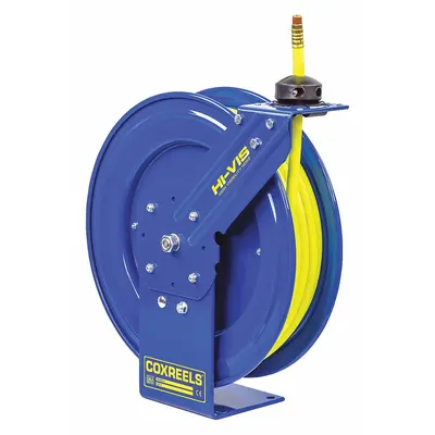 COXREELS Spring Return Hose Reel: 25 ft (3/8 in I.D.), 3/8 in MNPT, 300 psi Max Op Pressure - High-Visibility Standard Air or Water Spring-Return Hose Reels