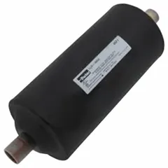 Steel shell filter drier for liquid lines in HVACR systems. Designed for 20-ton systems using HFO refrigerants. Contains a molecular sieve core to remove moisture, acids, and contaminants. Length: 9.2 inches.