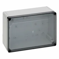 This RITTAL enclosure is constructed of fiber-glass reinforced polycarbonate with dimensions 180 mm x 254 mm x 90 mm. Rated NEMA 4X, it provides corrosion resistance and protection against washdown environments. The enclosure closes with screws and does not include knockouts. Typical applications include housing electrical controls, terminals, and instruments in industrial settings.