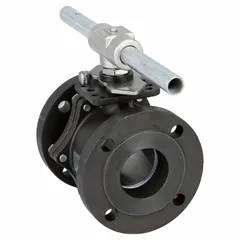 This SHARPE ball valve features a 3-inch carbon steel straight two-piece body with Class 150 flange connections. It includes a polymer seat and a locking lever handle for manual on/off flow control. Suitable for industrial piping systems handling liquids, gases, or steam.