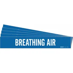 Blue adhesive pipe marker with white legend reading 'Breathing Air'. Fits pipe outer diameters from 2-1/2 to 7-7/8 inches. Sold in a 5-pack. Used to identify breathing air lines in industrial piping systems.