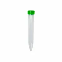 This 15 mL PPCO centrifuge tube features a conical bottom for efficient pellet recovery and graduated markings for volume measurement. The natural body and green closure provide secure sealing during centrifugation. Supplied with caps, it is suitable for general laboratory separation and sedimentation processes